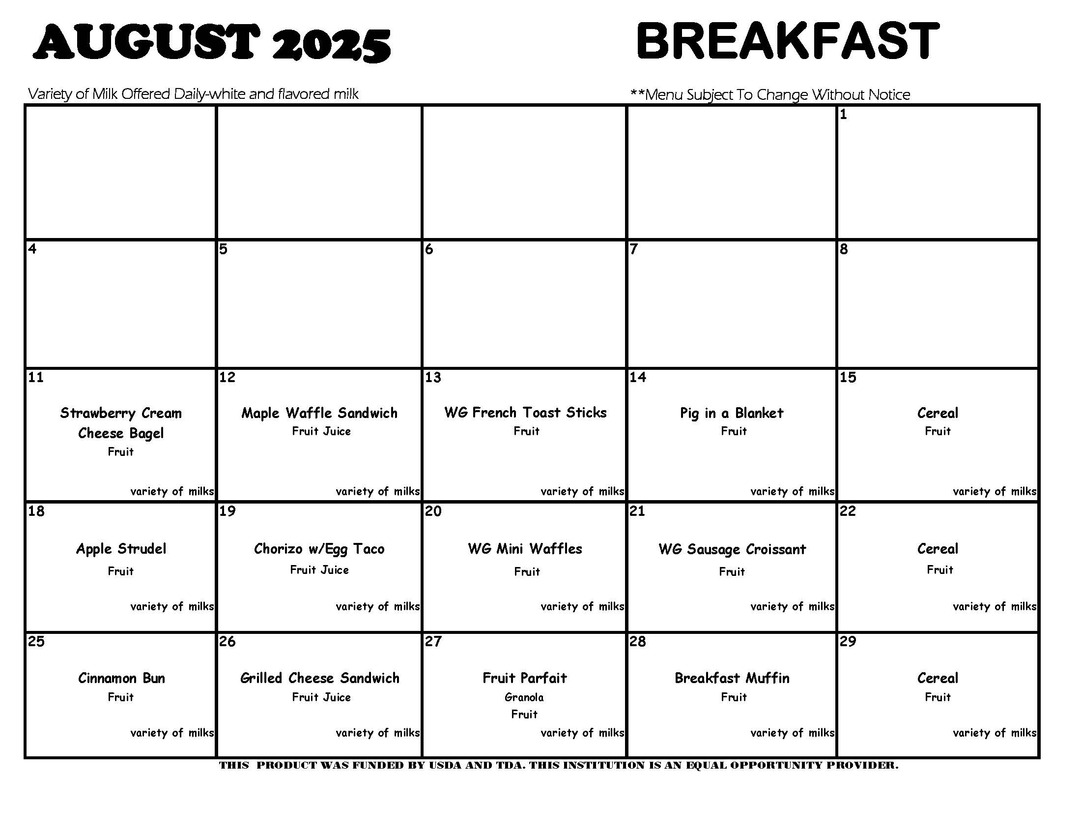August 2025 menus