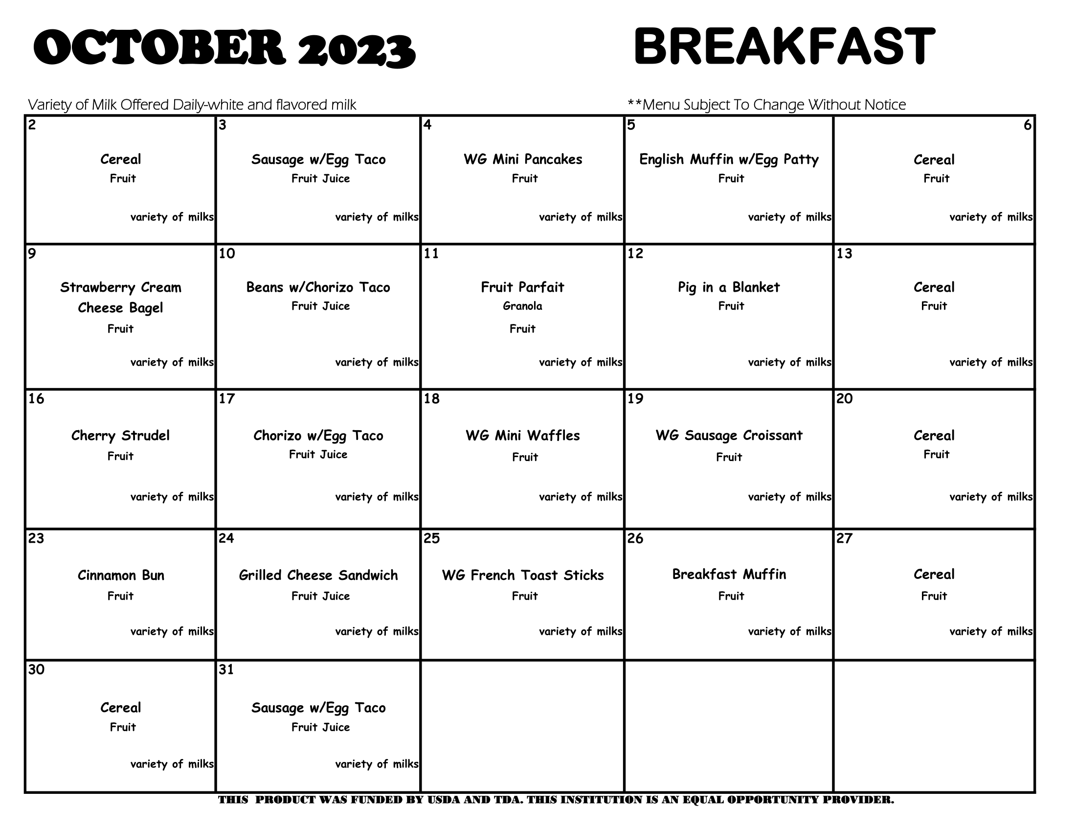 October 2023 Breakfast menus