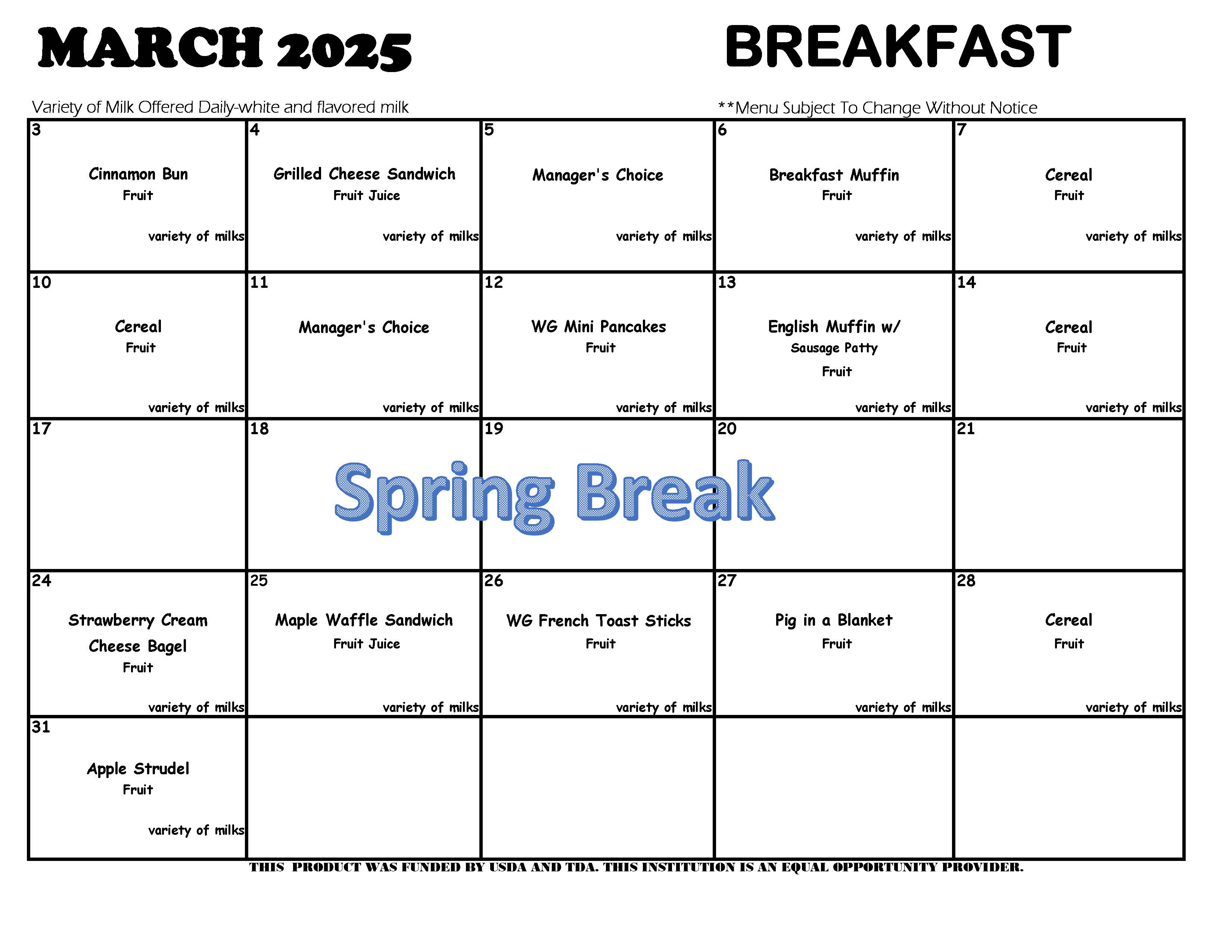 March 2025 breakfast menus