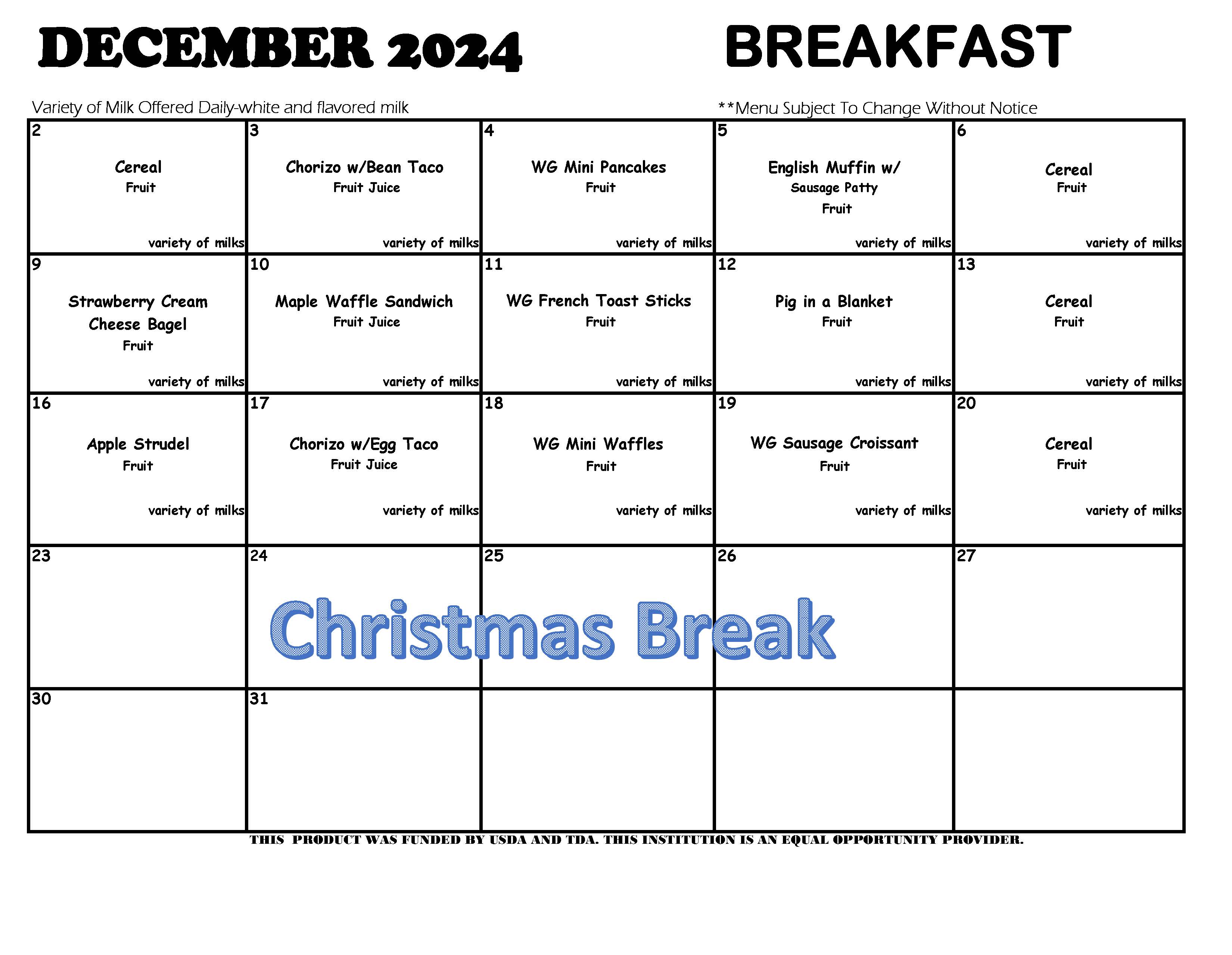 December 2024 breakfast menus