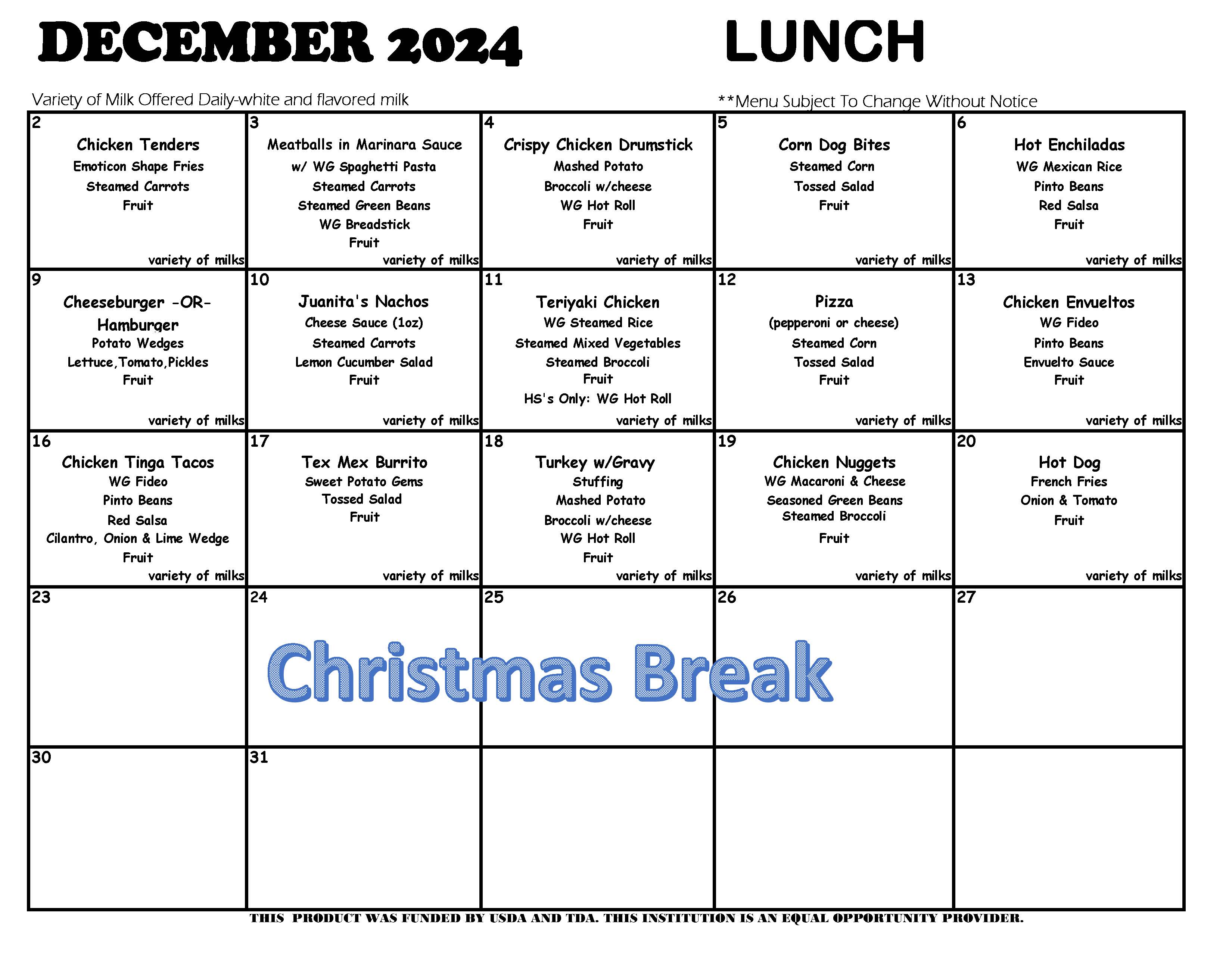 December 2024 lunch menus