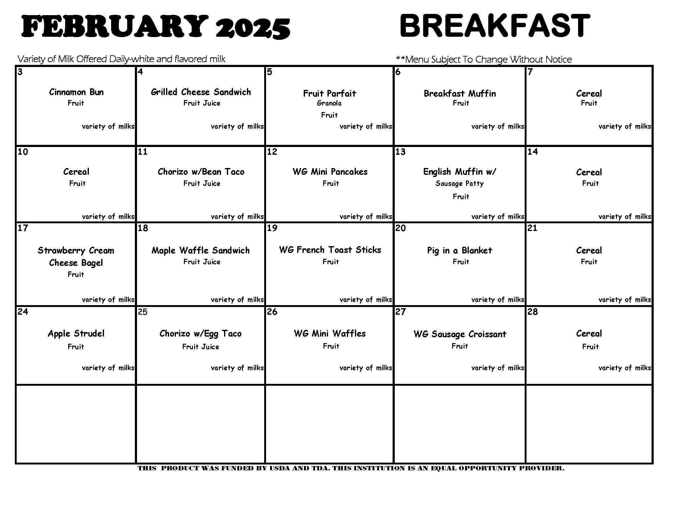 Feb 2025 breakfast menus