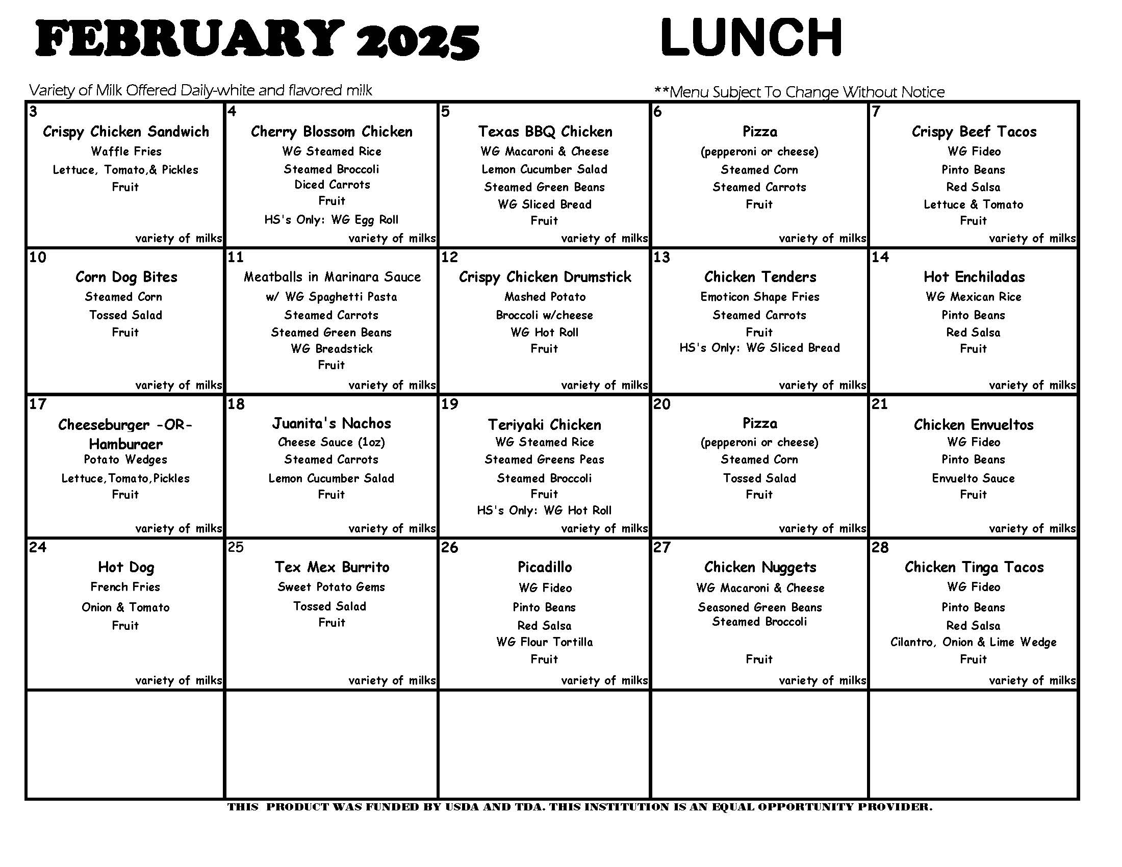 Feb 2025 lunch menus