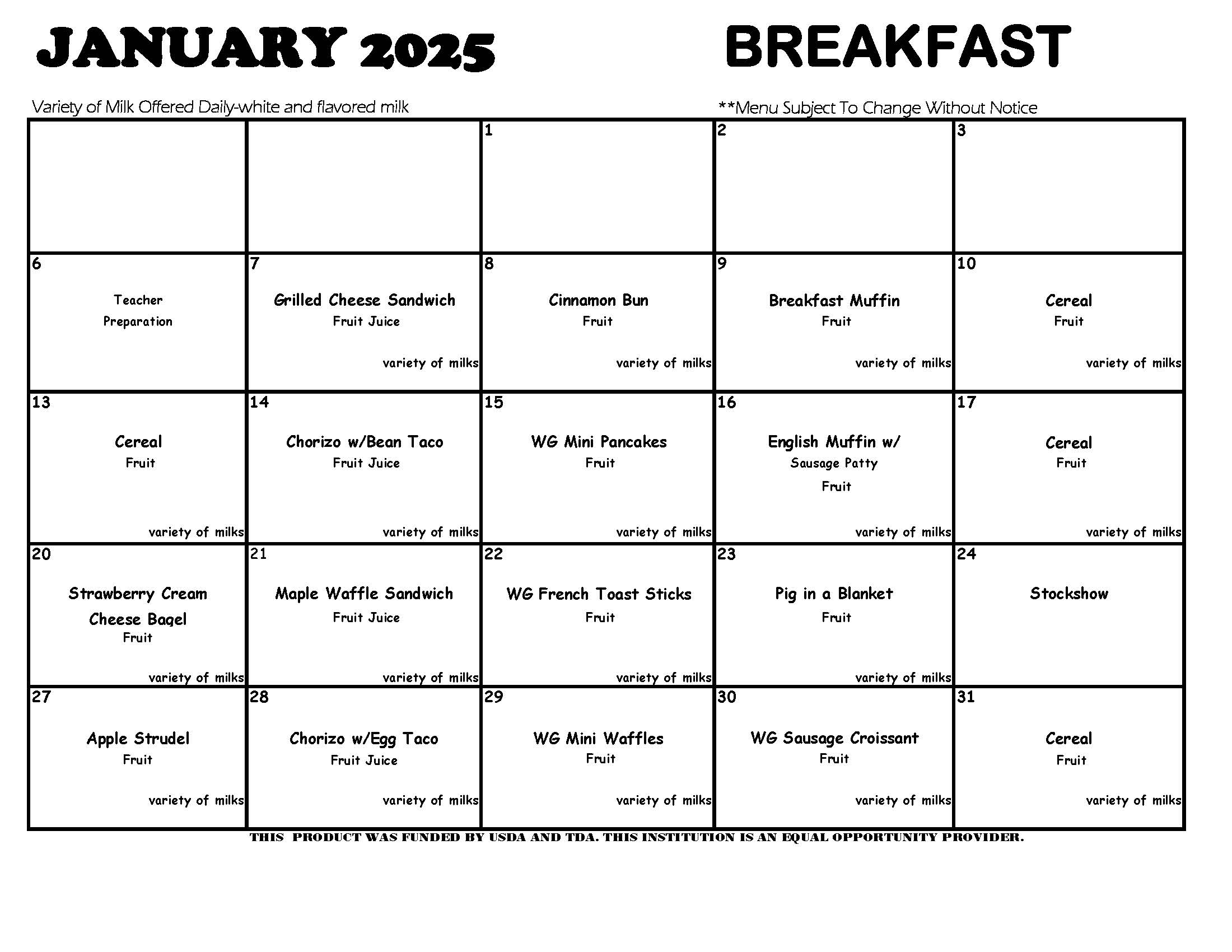 January 2025 breakfast menus