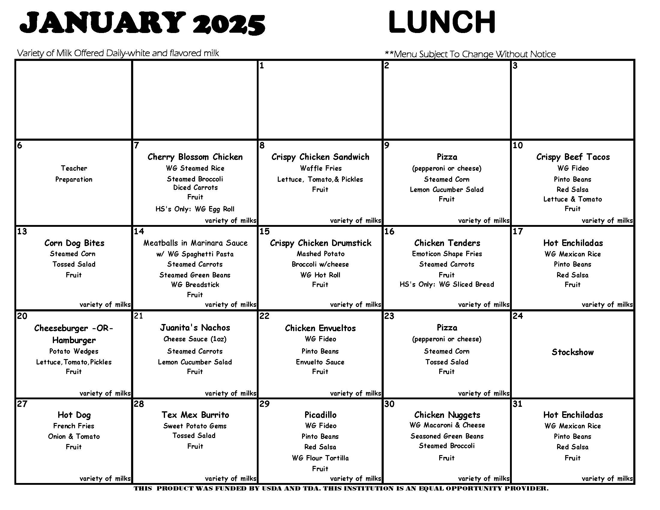 January 2025 lunch menus