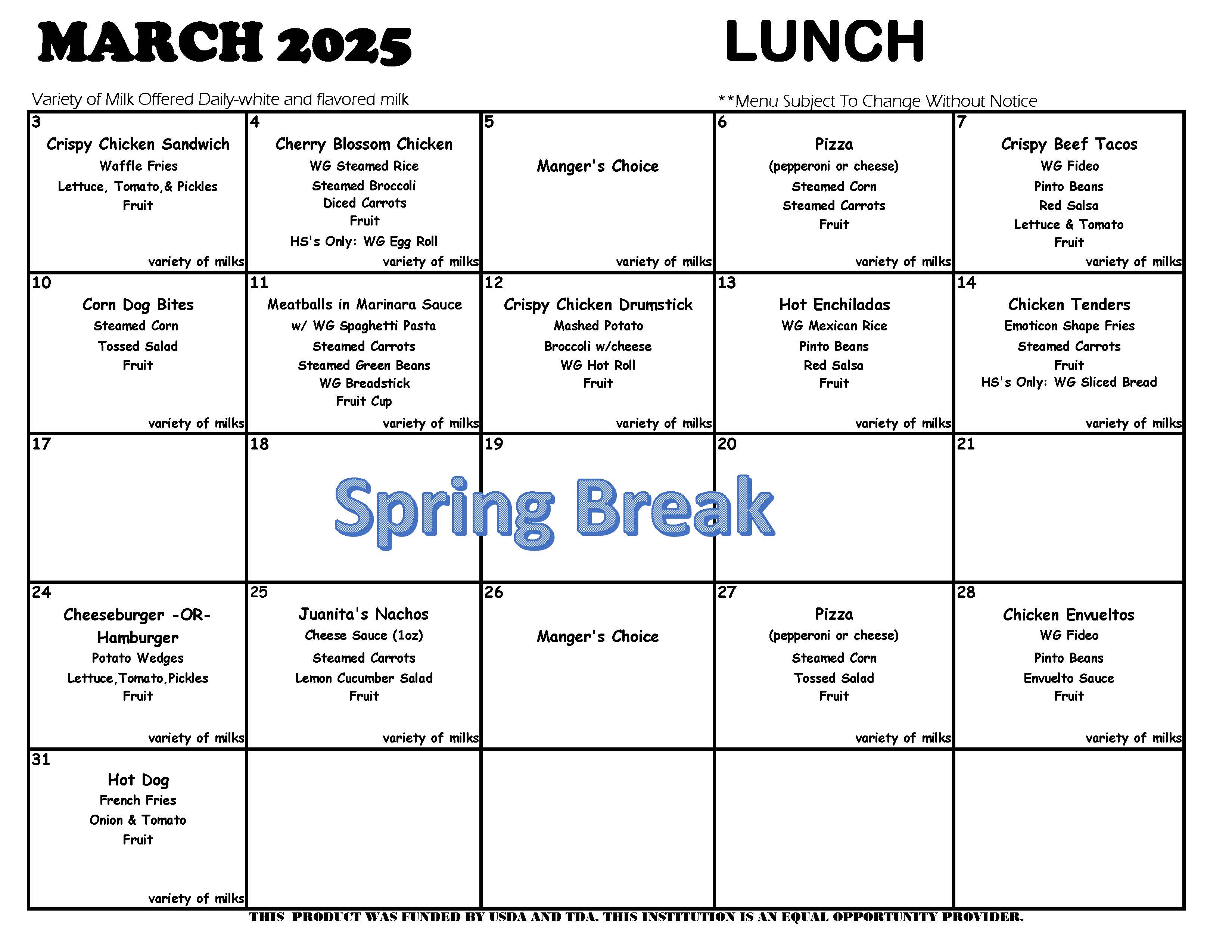 March 2025 lunch menus