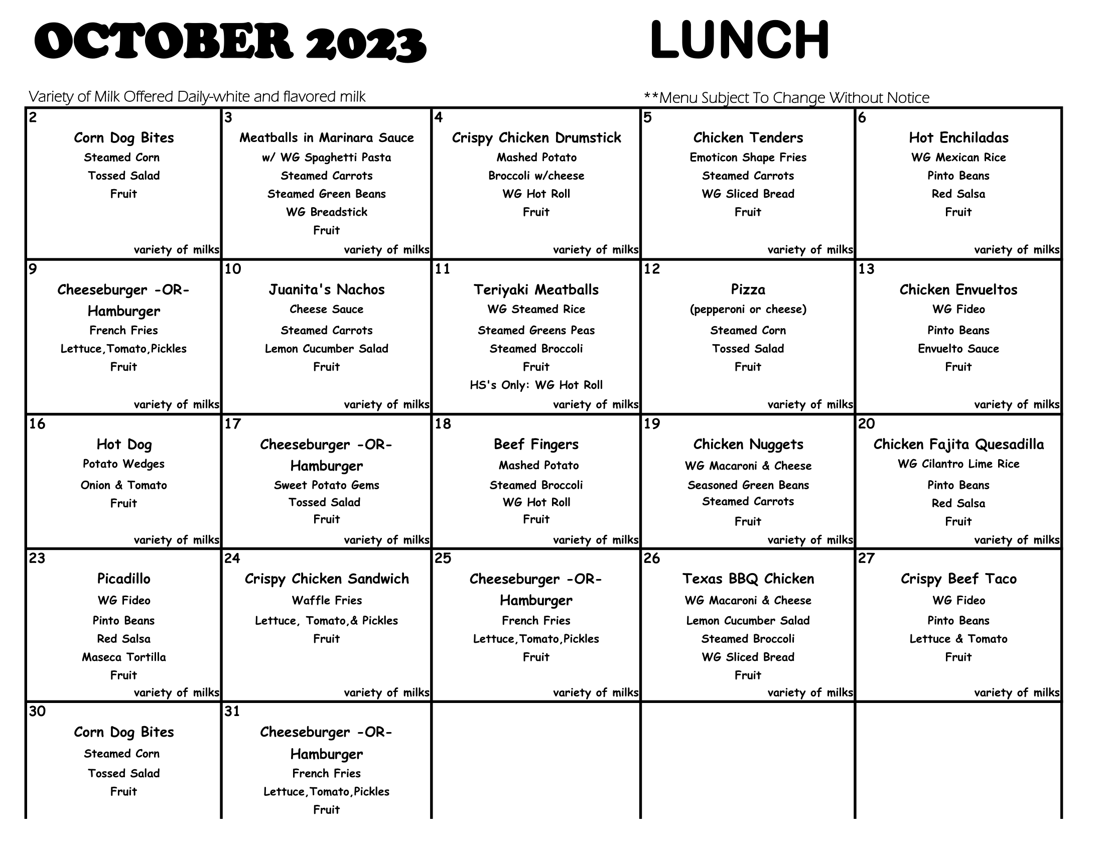 October 2023 lunch menus