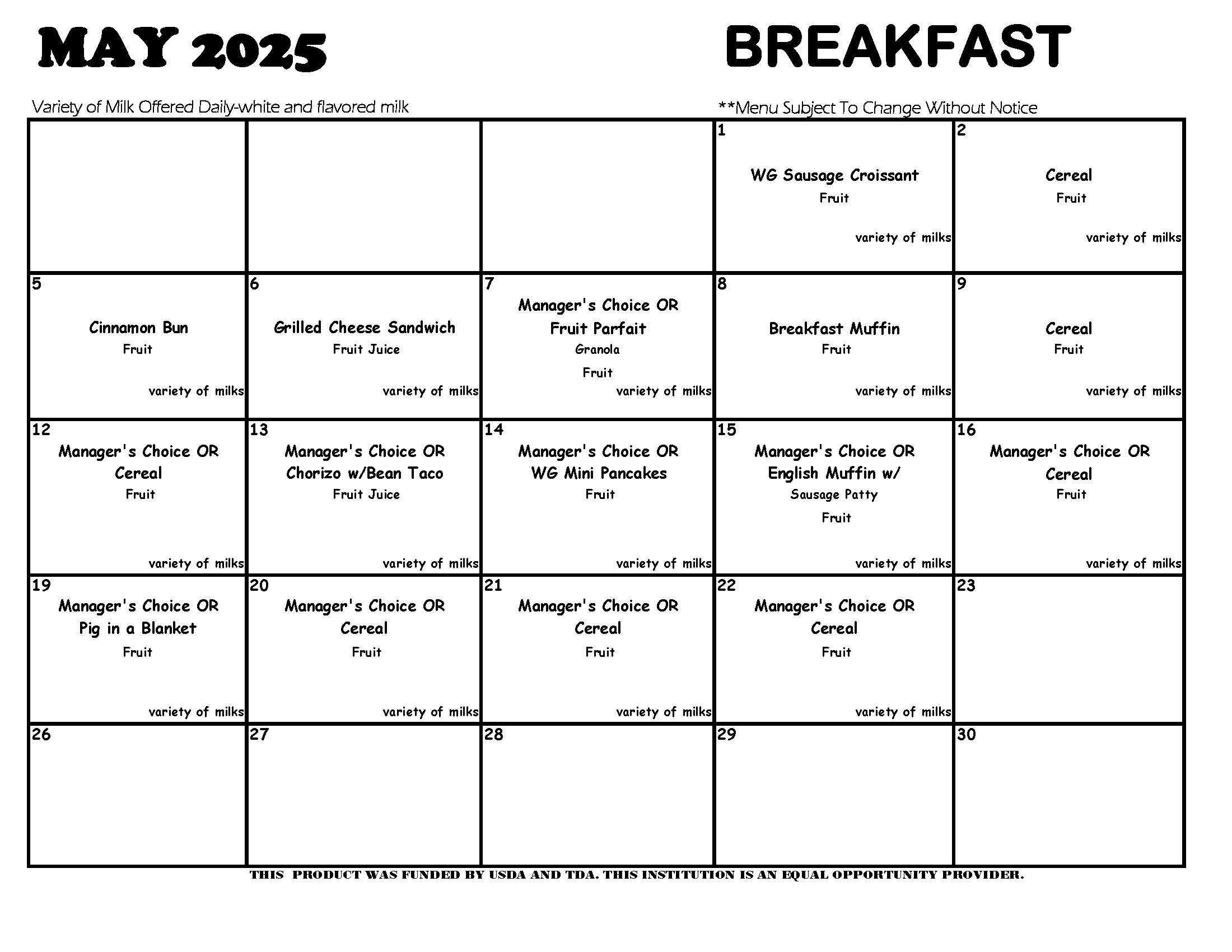 May 2025 breakfast menus