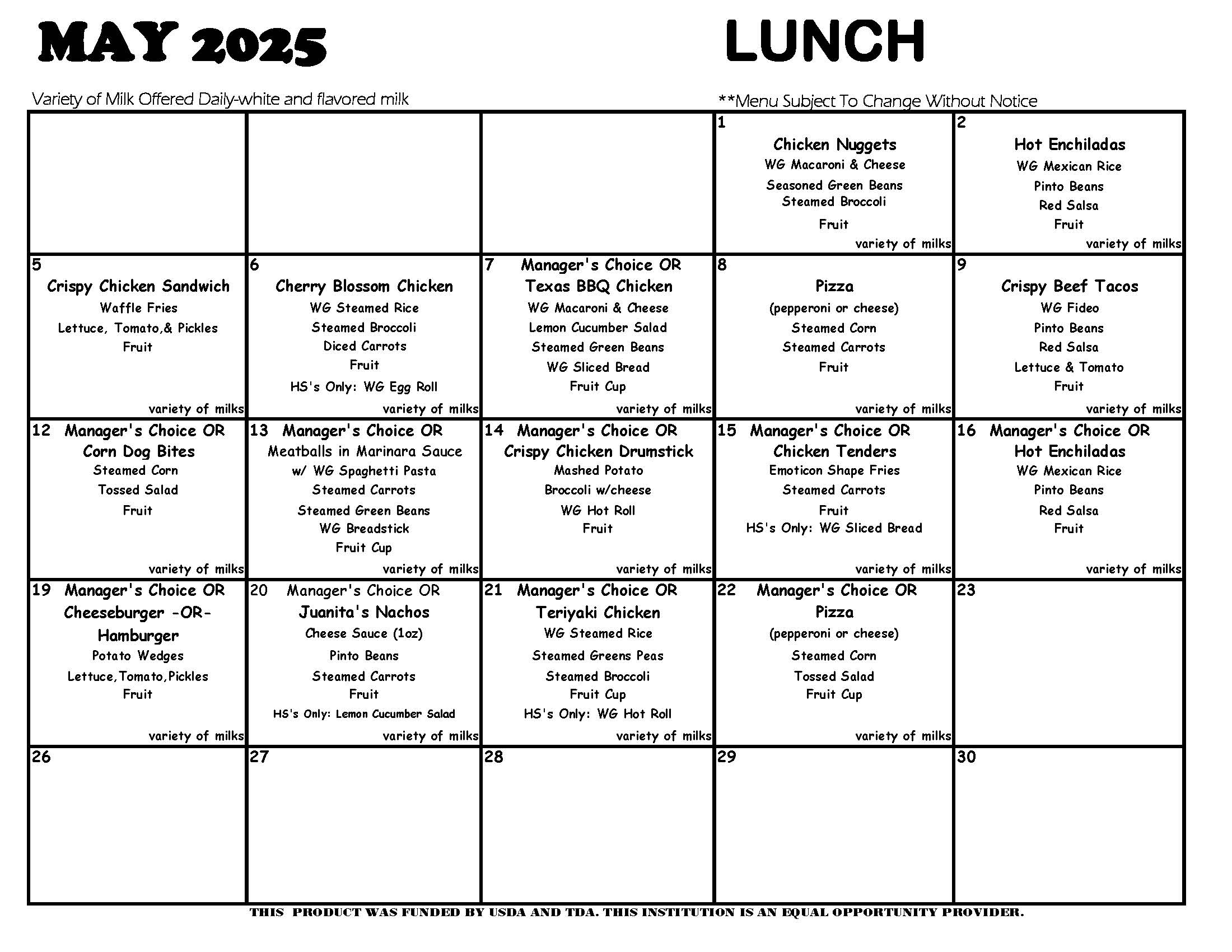 May 2025 lunch menus