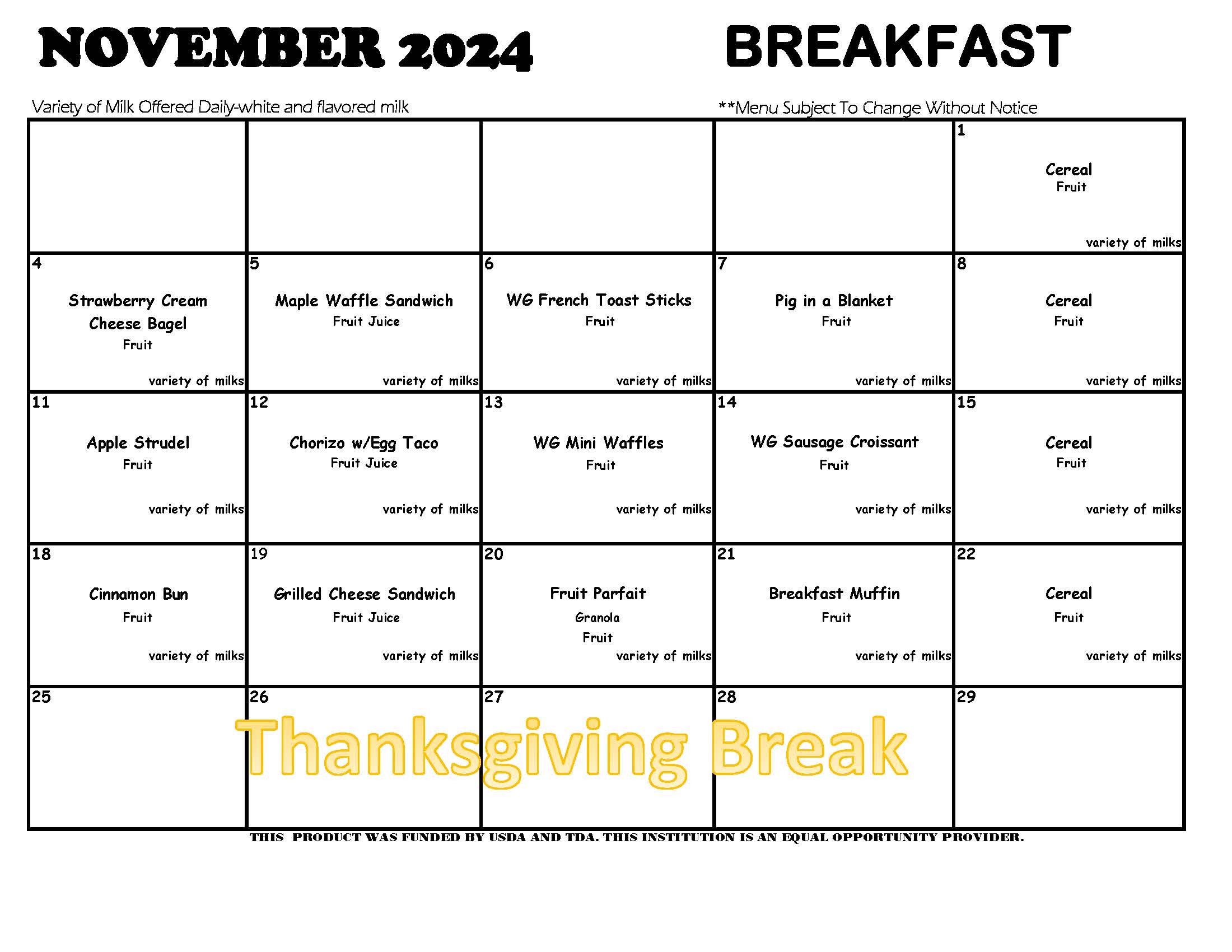 November 2024 breakfast menus