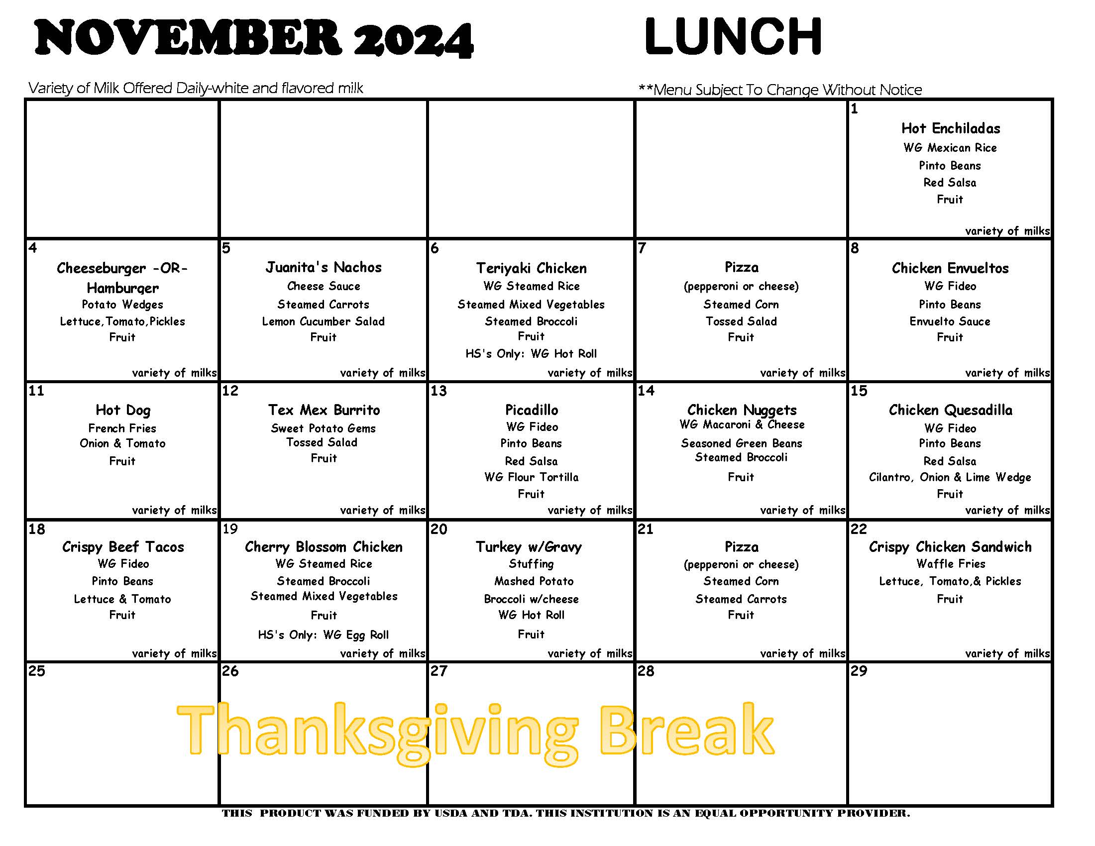 November 2024 lunch menus