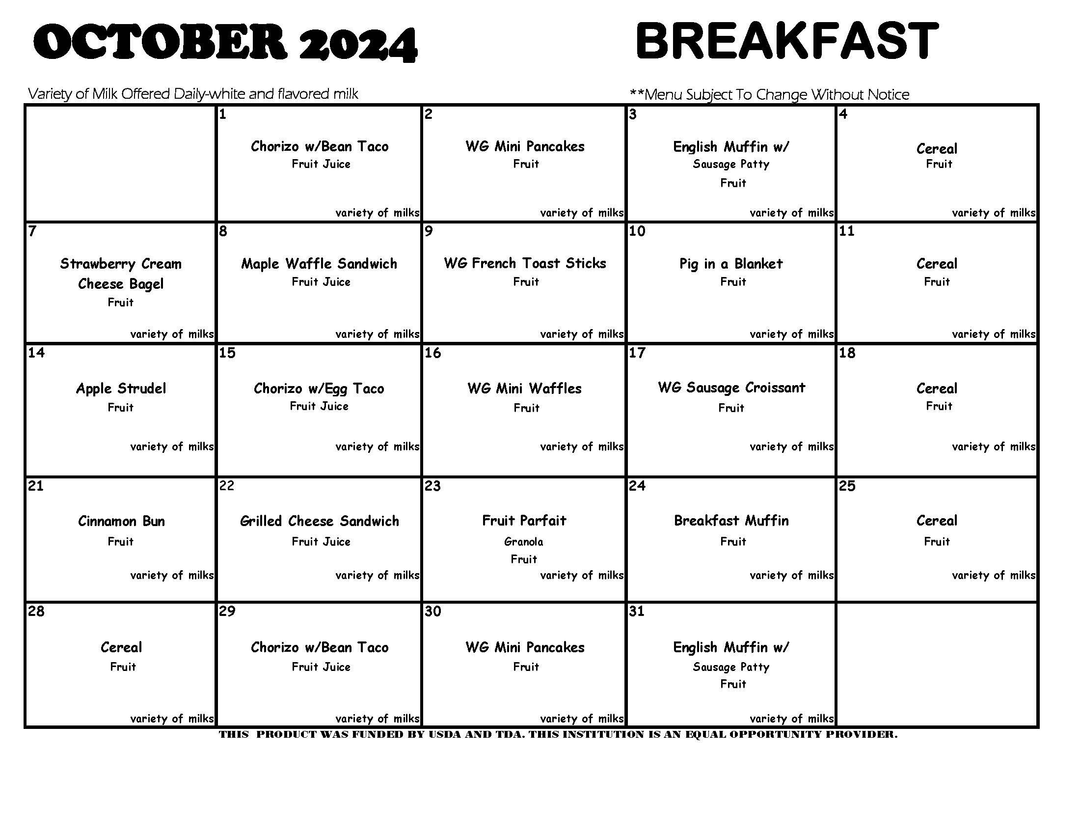 October 2024 menus