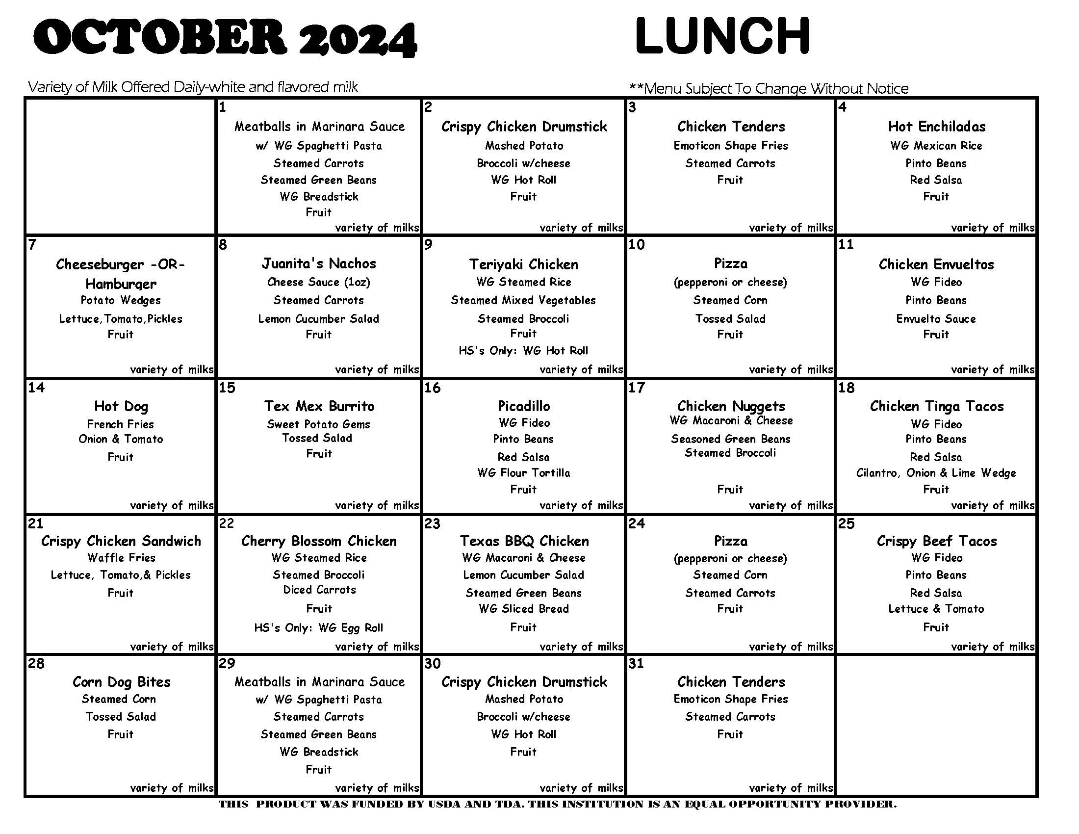 October 2024 lunch menus