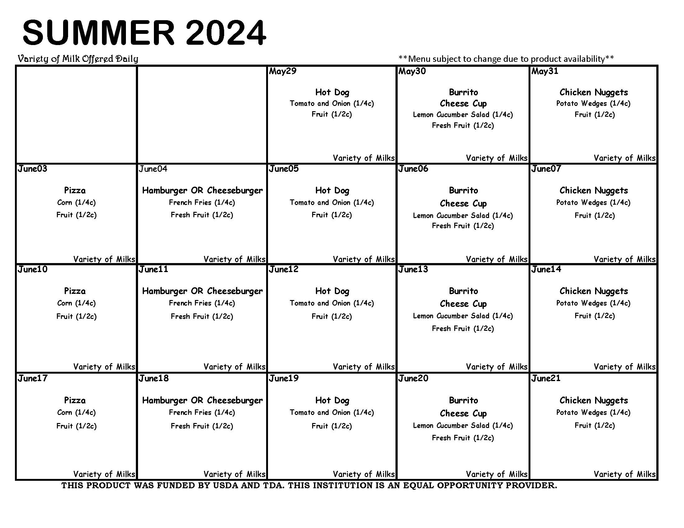 Summer 2024 menus